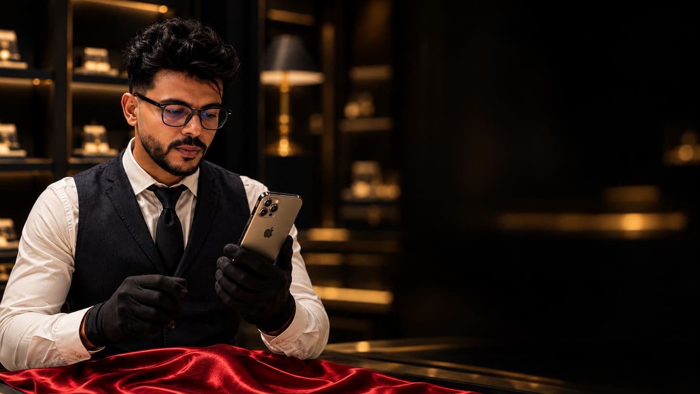 دكتور آيفون بنظارته وقفازاته السوداء بيفحص آيفون بعناية في المحل